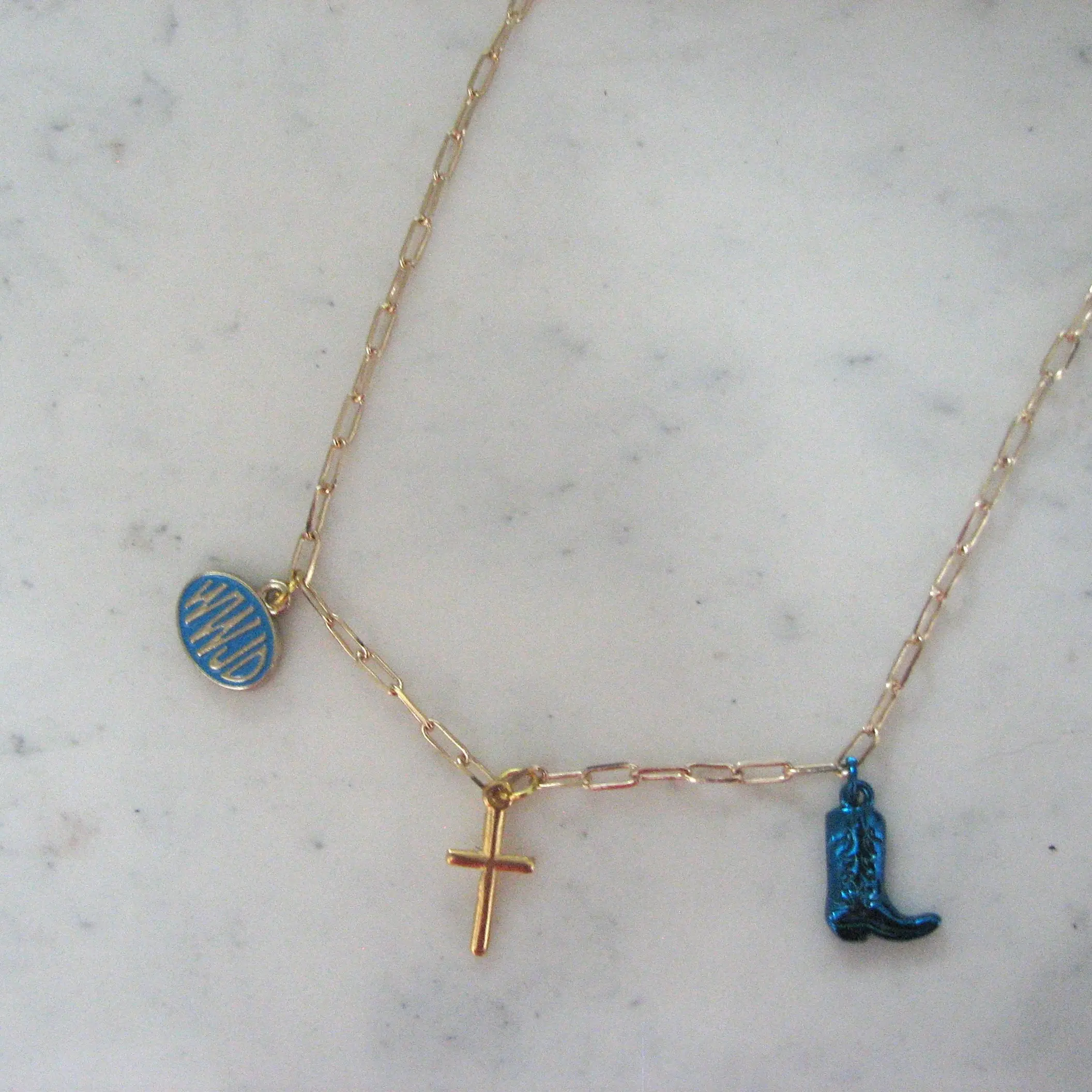 Gold Chain Charm Necklace with Blue WWJD, Gold Cross & Cowboy Boot Charm Jewelry Accessory