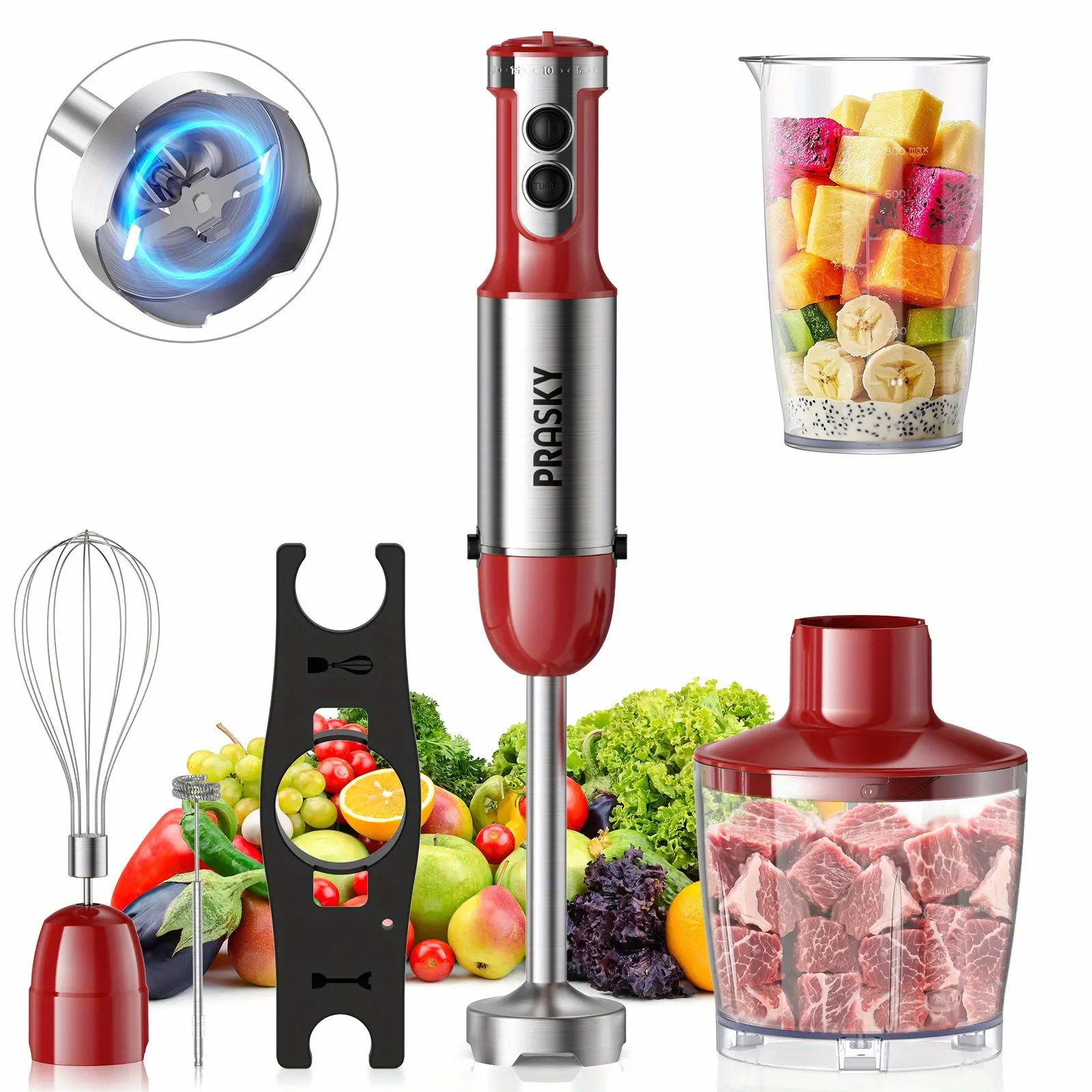 5-in-1 Handheld Mixer, With Attachments - Whisk, Measuring Cups, Heavy Duty Motor, Meat Chopper, Kitchen Must Haves, Immersion Blender