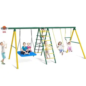 Osoeri Swing Sets for Backyard, 6 in 1 Swing Sets,Heavy-Duty Metal Swing Sets for Backyard with 2 Swings, Climbing Ladder and Nets,Trapeze Bar and Basketball Hoop