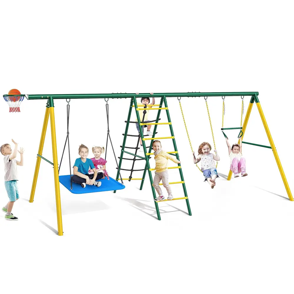 Osoeri Swing Sets for Backyard, 6 in 1 Swing Sets,Heavy-Duty Metal Swing Sets for Backyard with 2 Swings, Climbing Ladder and Nets,Trapeze Bar and Bas