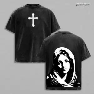 Virgin Mary Oversized Tee: Gothic Cross, Washed Black