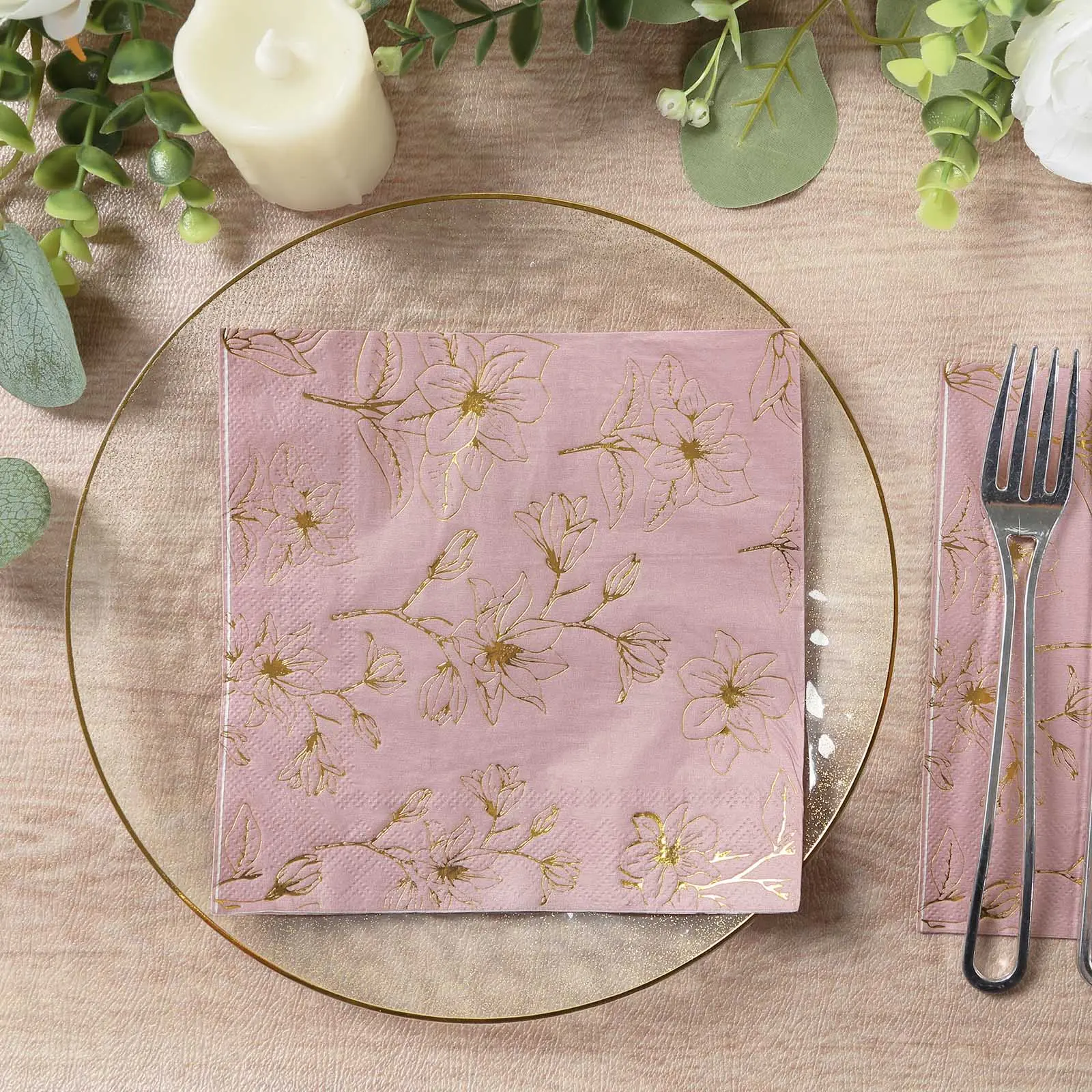50-Pack 2-Ply Single-Side Floral Print Paper Cocktail Napkins, Gold Magnolia Flowers, Dusty Rose - Soft Absorbent Disposable Tableware for All Seasons Banquet, Birthday Beverage Use