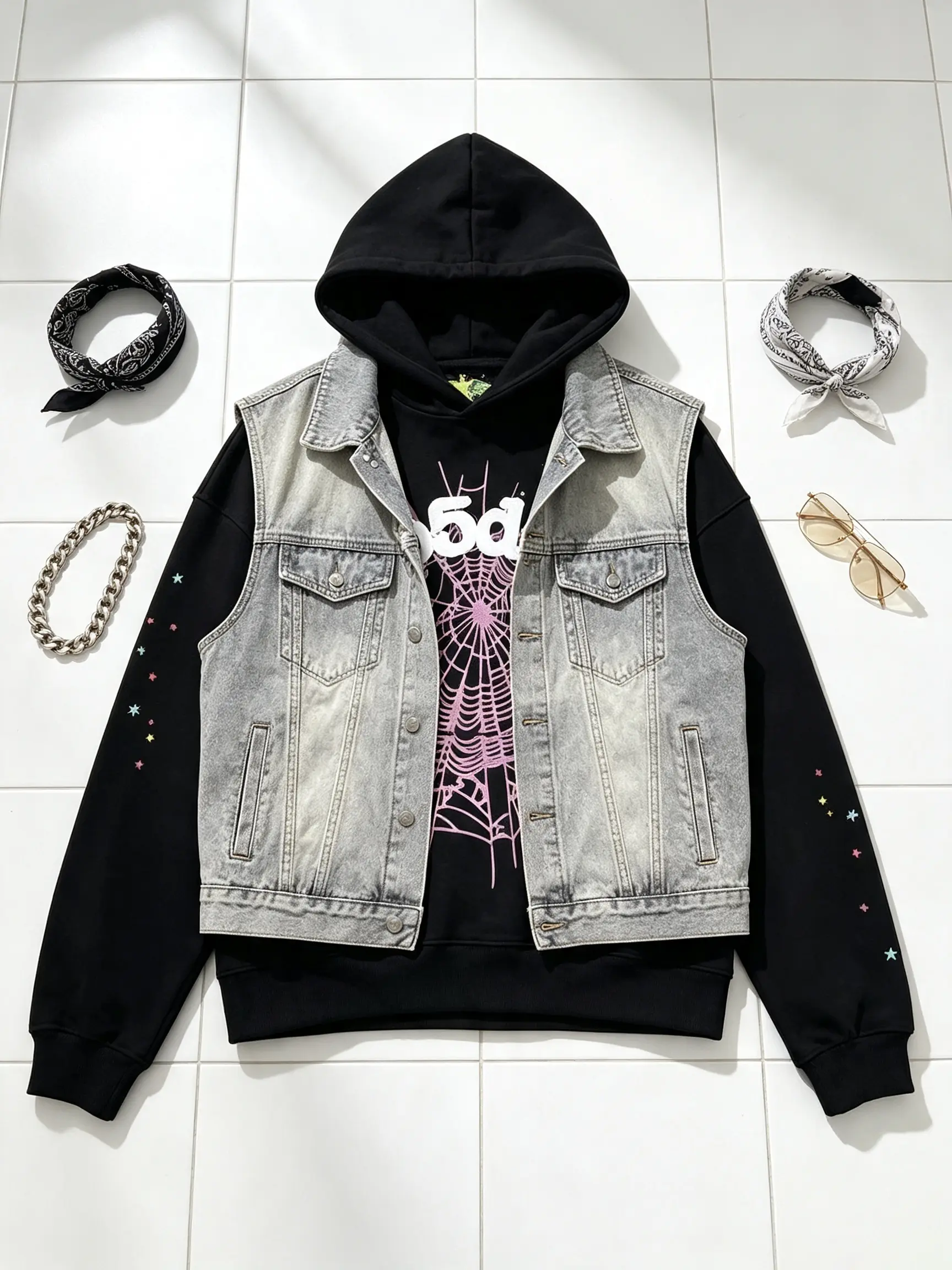 Fashion Menswear Men's Fitted Hooded Pullover, Spider Web Pattern, Letter Print, Colorful Stars, Street Punk Style, Fall-Winter Casual Graphic Sweatshirt Fashion Pullover Oversized