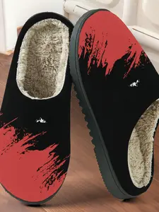 Ink Mountain Print Cotton Slippers, Minimalist Art Style, Fuzzy Lining Anti-Slip Thick Sole, Fall & Winter Warm Home Shoes