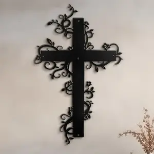 Elegant Metal Wall Art Decor, Religious Decoration, Flower Cross Design with Floral Complex Leaf Pattern, Perfect for Living Room Bedroom Bathroom Kitchen Outdoor Space