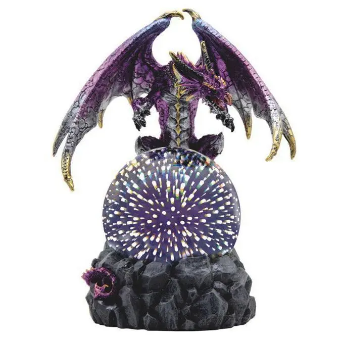 Purple Silver Gold Wyvern Dragon On Rocky Cliff With LED Optic Ball Figurine