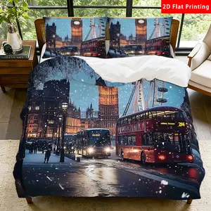 2/3 Pcs 2D Flat London Cityscape Duvet Cover Set，Snowy London Bedding Set Quilt Cover 1 Duvet Cover + 1/2 Pillowcases，London Bus and Big Ben Top Sheet Decorative Bedding Bedroom Decor