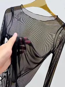 Lace Mesh Long Sleeve Top, Elegant Inner Layer Outer Wear, Loose Fit Youthful Mom, Perfect for Casual Daily Wear, Womenswear