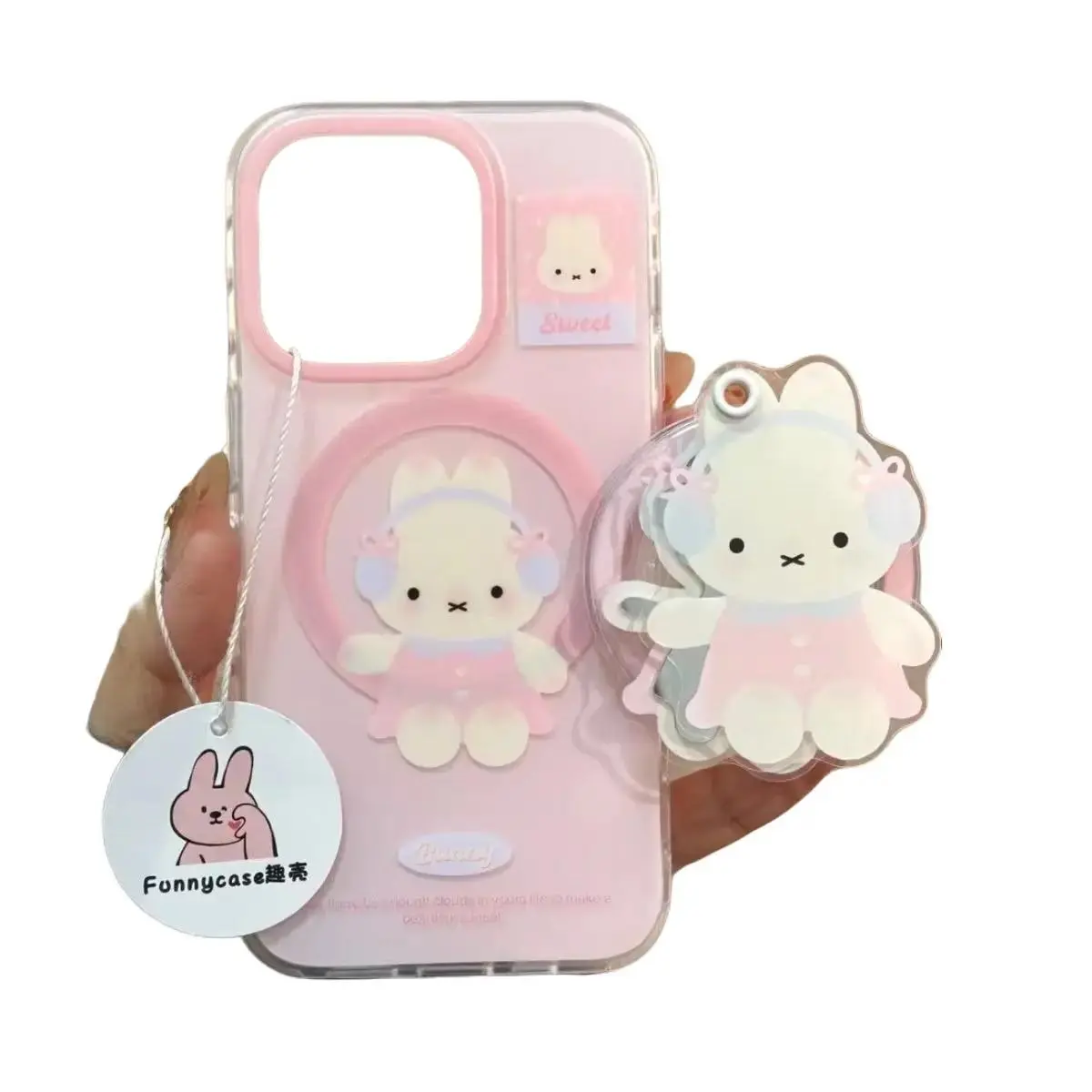 Catmiff Rabbit Magnetic Mirror Stand All-In-1 Smartphone Case for Apple 16 Pro Max,15 Pro,14 - Cute Bunny Design, Hands-Free Viewing, Pink - Cellphone Accessories for Handheld Devices