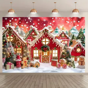 Christmas Cottage Pattern Backdrop, 1 Count Colorful Christmas Cottage Design Backdrop, Photo Props for Themed Parties, Indoor & Outdoor Home Decor, Banners