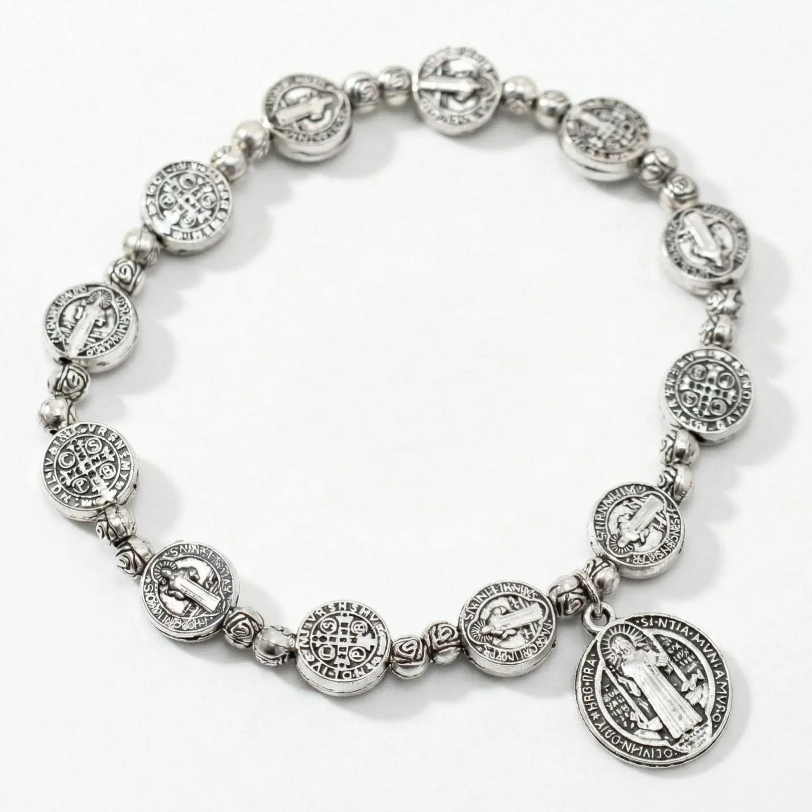 Unisex Vintage Silver Saint Benedict Medal Rosary Beads Bracelet with Charms - Catholic Faith-Focused Religious Jewelry Gift, Casual Stretch-Fit Costume Accessory for Daily Prayer