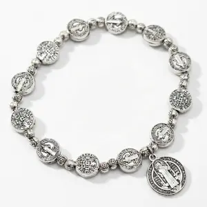 Saint Benedict Medal Rosary Bracelet, Catholic Prayer Bead Bracelet for Men Women, Vintage Silver Religious Jewelry