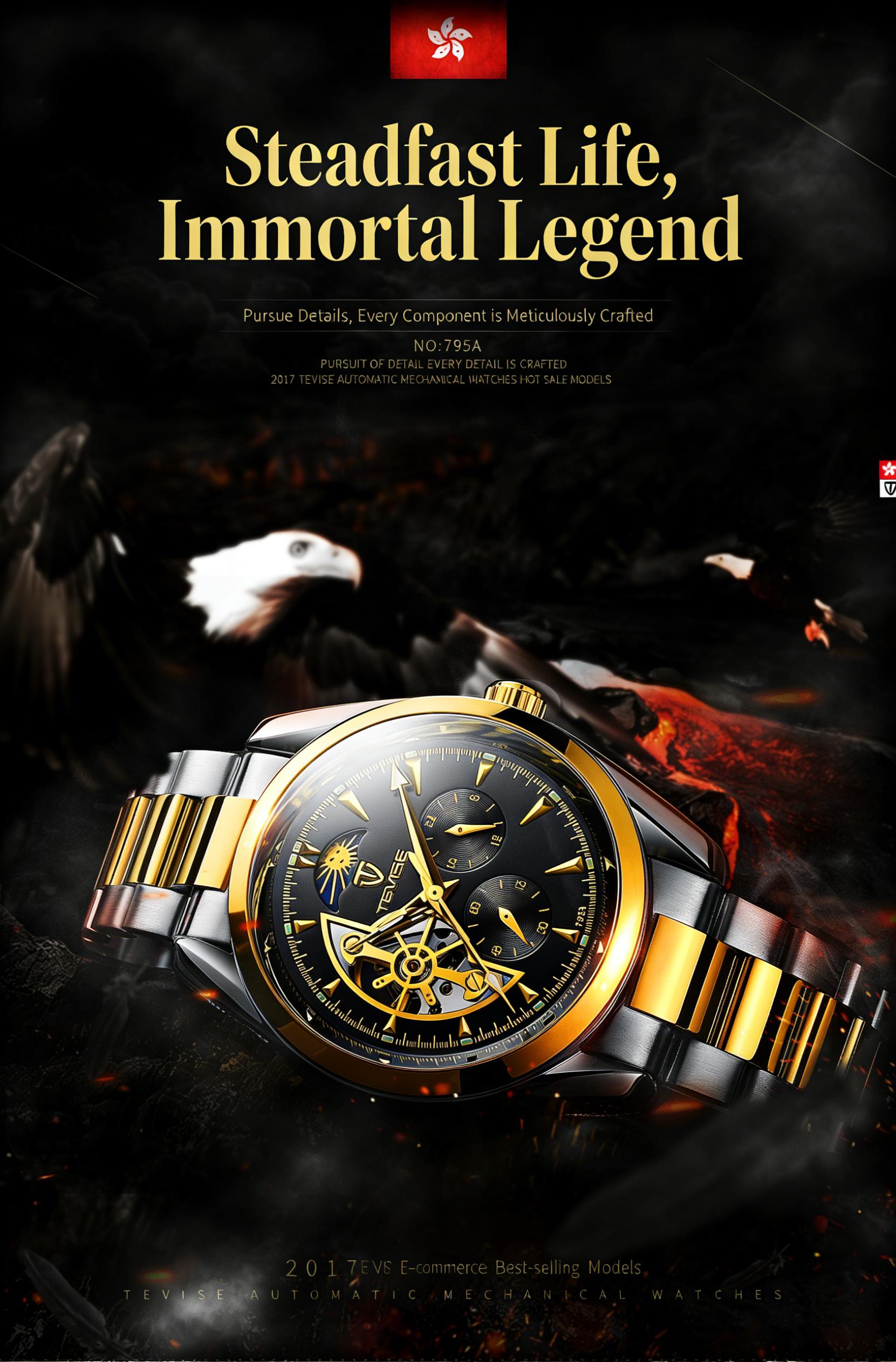 Luxury Men's Skeleton Watch, Moon Phase, Automatic Movement, Business Stainless Steel Wristwatch