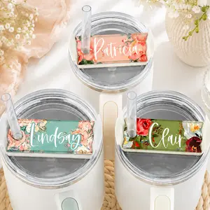 2pcs Personalized Tumbler Name Plate Custom Acrylic Lid Topper Floral Name Tag Cup Accessories For 40 30 20 Oz Travel Cups Summer Drinkware Decor Gift For Her Gift For Mom Gift For Teacher Nurse Bridesmaid