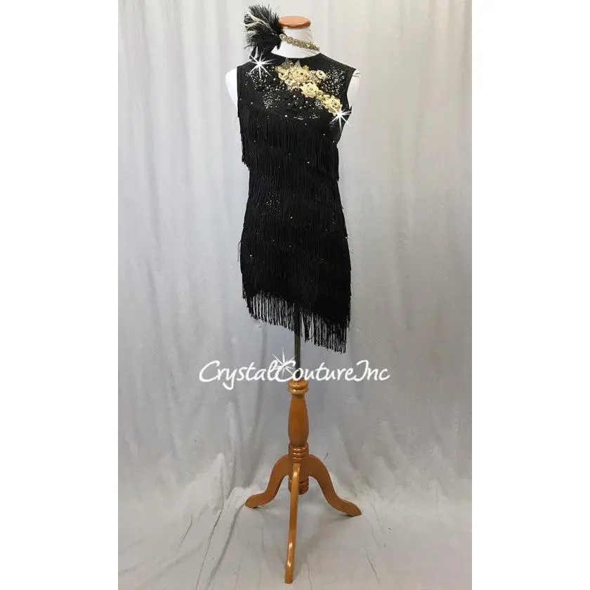 Custom Forty's Inspired Black Zsa Zsa Sequin Asymmetrical Dress with Fringe - Swarovski Rhinestones