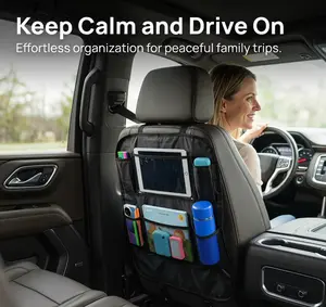 Rear seat storage device for cars with a 10-inch transparent tablet stand, waterproof multi-pocket car seat organizer with cup holder, easy-to-install rear seat storage bag designed for children’s road trips, SUVs, and trucks mat cover harness