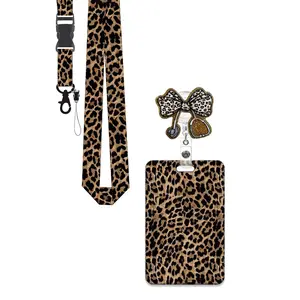 Leopard Print Stethoscope ID Badge Holder Set, Retractable Badge Reel, Rotating Clip, Detachable Neck Strap, Office Supplies for Nurses, ID Card Holder