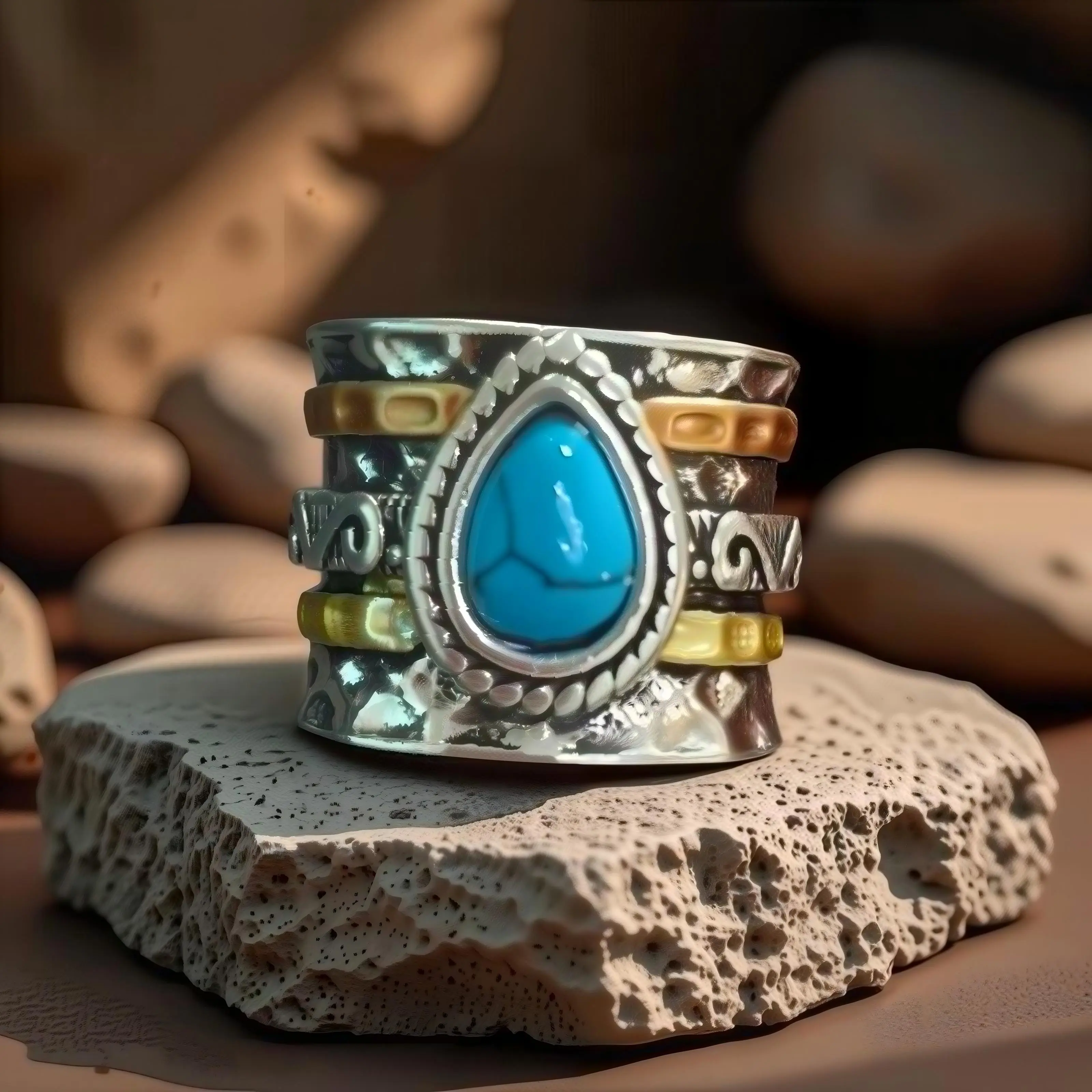 Vintage Turquoise-Plated Tricolor Ladies' Rings, Simple Stainless Steel Men's Wedding Ring Set, Unique Non-Traditional Engagement Jewelry Distinctive Bands
