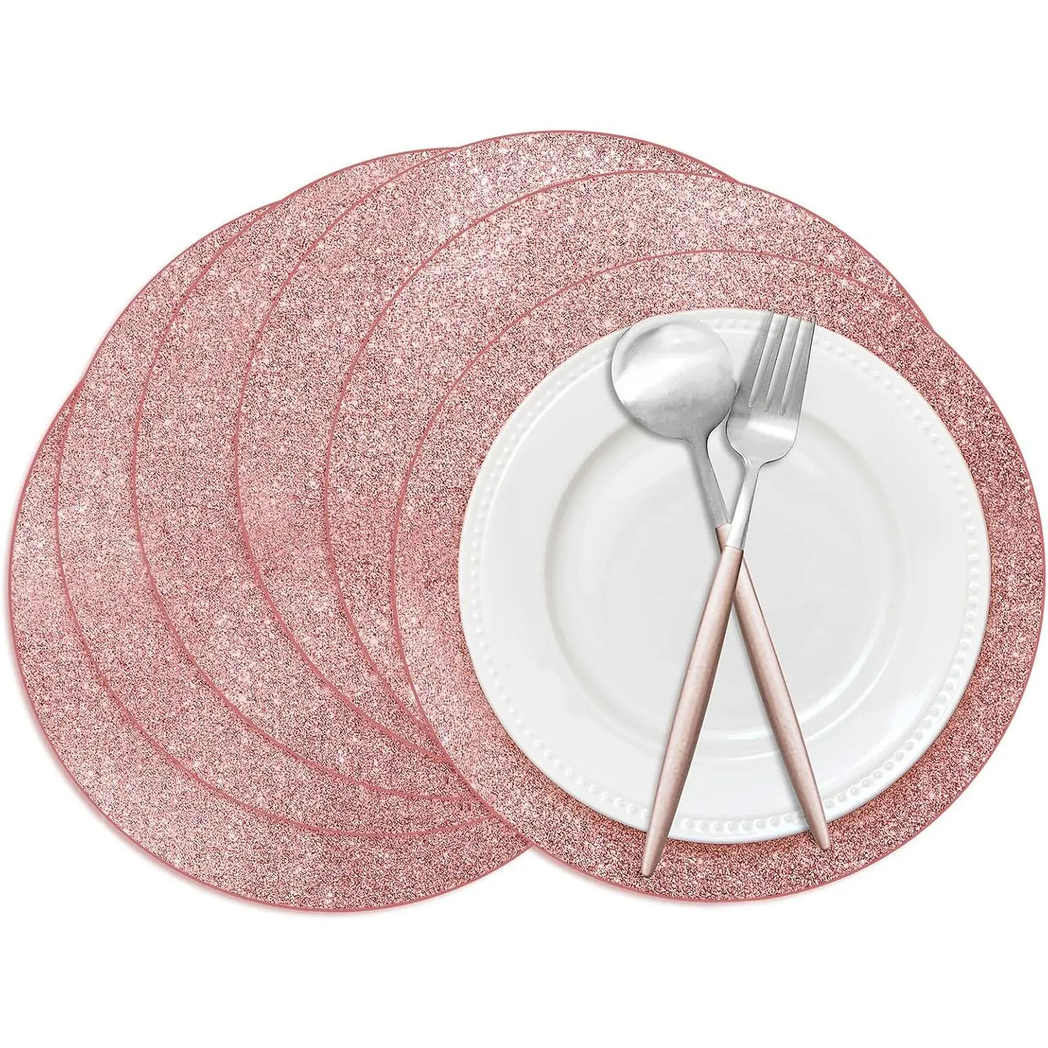 50-Piece Rose Gold Glitter Disposable Round Placemats & Doilies & Coasters, 14 inch Glam Spill Proof Disco Look Tableware, Wedding Decor for Home Dining Table (Kitchenware), Spill Proof Placemats & Coasters