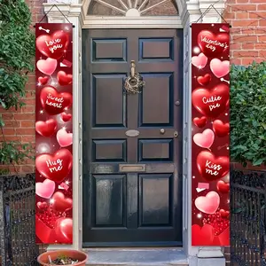 Valentine's Day Love Banner Set -2 pieces, polyester material porch hanging decoration, suitable for wedding anniversaries, Wedding Party Backdrop, homes, and outdoor -30x180cm heart-shaped and cupcake designs, no need for electricity