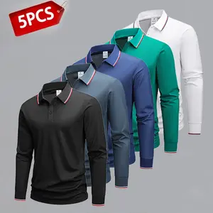 Men's 5-Pack Long-Sleeve Polo Shirt with Stylish Trimmed Collar - Suitable for Outdoor Sports and Everyday Casual Wear