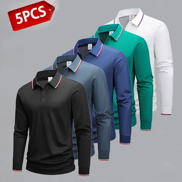 Men's 5-Pack Long-Sleeve Polo Shirt Set - Stylish Collared Neck, Menswear for Outdoor Sports & Everyday Casual Wear