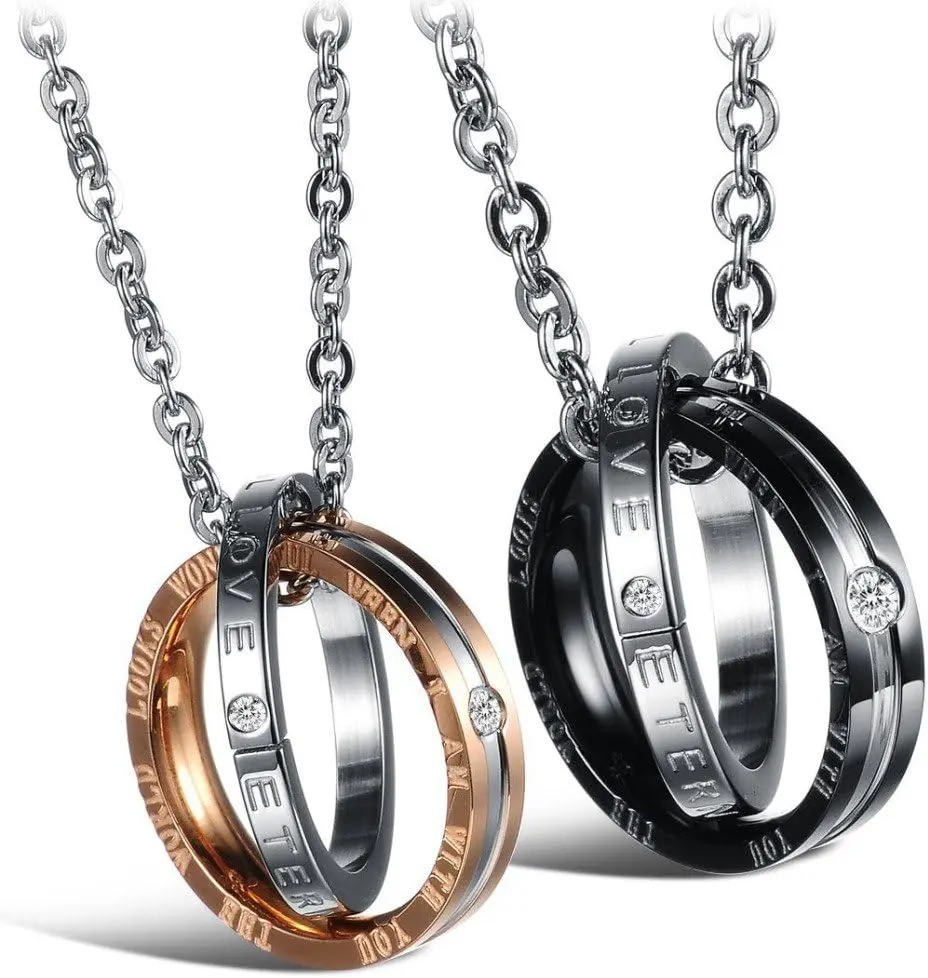 Couple's Matching Necklace Set, Titanium Steel Jewelry with Interlocking Round Pendants and Engraved Messages, Secure Hook Clasp, His & Hers Love Gift, Interlocking Rings, Male-Female Set, Couple Love Gifts, Black Pendant, Daily, Perfect Gift To Surprise