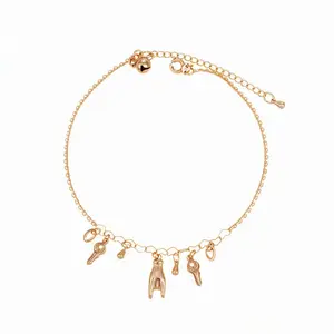 18K Gold Plated Charm Anklet with Hand, Key, Horseshoe, and Wishbone Charms