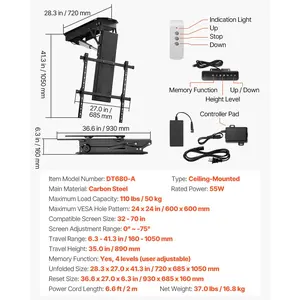 VEVOR Motorized Ceiling TV Mount, TV Wall Mount for 32 to 70 Inch TV, Electric Adjustable Ceiling TV Mount, Motorized Flip Down TV Mount Bracket with Max VESA 24x 24 in, Fits TVs Up to 110 lbs