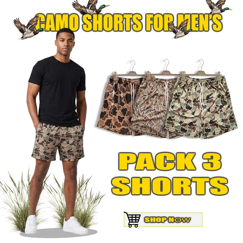 Pack 3 Camo Duck Hunting Shorts With 5 Inch Inseam, Perfect for the Gym, Basketball Camo Mesh Short, Gift for him, Gift For Her, Gym Gift