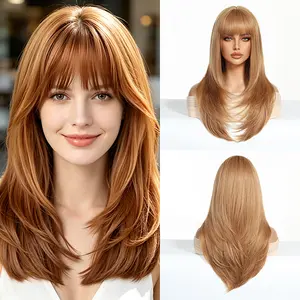 24 Inch Ginger Orange Layered Straight Wig with Bangs for Women Glueless Lightweight Breathable Capless Synthetic Heat Resistant Daily & Party Use