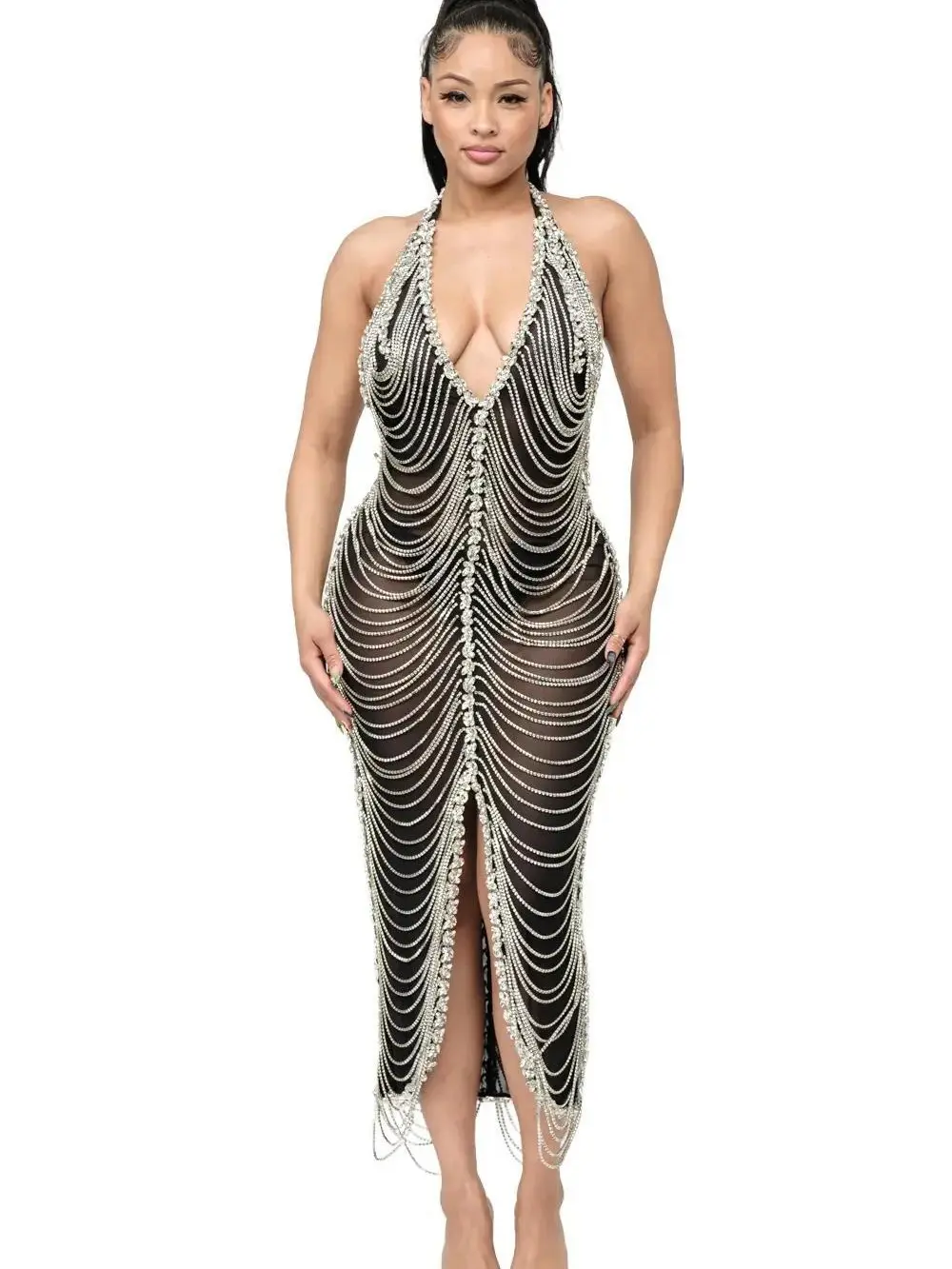 Queen Diamond Studded Dress with Halter Neckline and Side Slit for Elegant Occasions