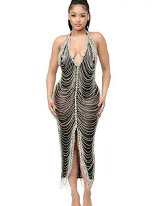 Queen Diamond Studded Dress with Halter Neckline and Side Slit for Elegant Occasions