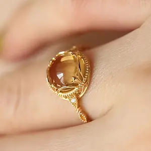Golden Vintage Flower Inlaid Moonstone Elegant Ladies Ring for Engagement, Wedding, Anniversary, Luxury Banquet Party Accessories