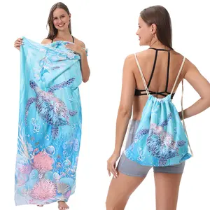 [New] Beach Towel Integrated Bag Portable Storage Backpack Printed Towel Bath Towel