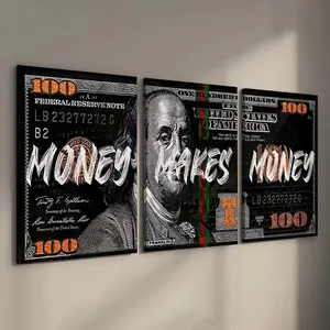 3 Counts/set Wooden Framed Money Makes Money Canvas Posters, Money Wall Art, Modern Wall Art, Inspirational Dollar Bill Pop Art, Wall Decor Home, Office, Dorm, Perfect Gift for Friends and Family, Waterproof Canvas, Wall Decor, Ready To Hang