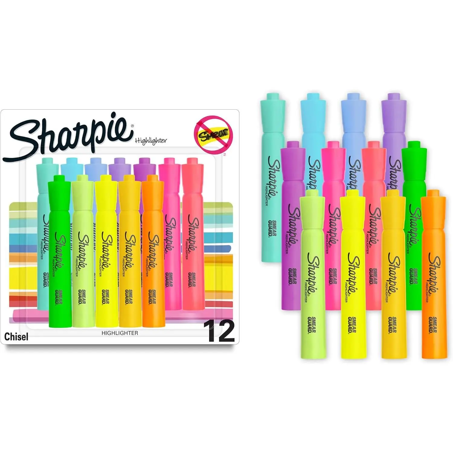 Sharpie Tank Highlighters, Assorted Colors, Chisel Tip, Back to School Essentials, Teacher & Office Supplies, Smear-Resistant, 12-Pack