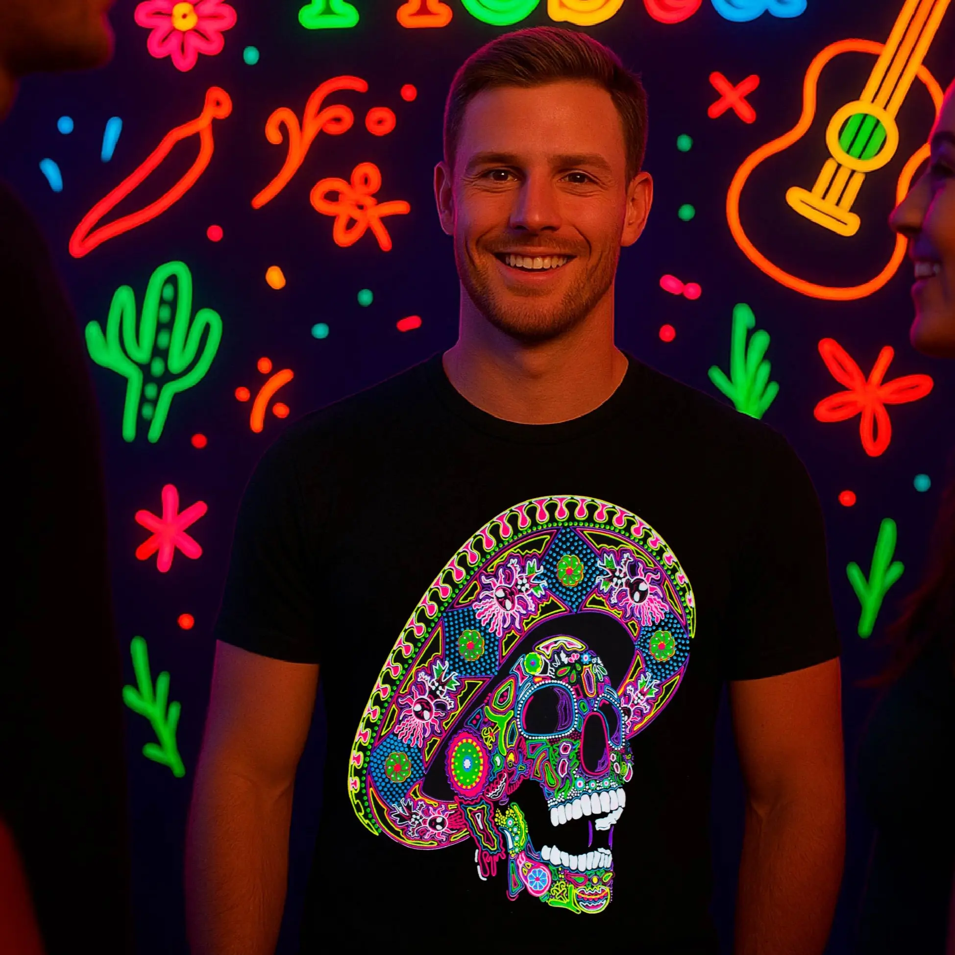 Mariachi Skull T-Shirt Glow-in-the-Dark Mexican Culture UNISEX T Shirt Top Black Soft 100% Premium Cotton UV Reactive Print Unique Cultural Fusion Party Streetwear Crewneck Short Sleeve Casual Tropical