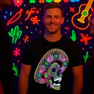 Mariachi Skull T-Shirt Glow-in-the-Dark Mexican Culture UNISEX T Shirt Top Black Soft 100% Premium Cotton UV Reactive Print Unique Cultural Fusion Party Streetwear Crewneck Short Sleeve Casual Tropical