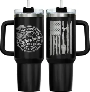 Fathers Day Birthday Dad Gifts from Daughter Son, Skeleton Travel Mug, Surviving Fatherhood One Beer At A Time 40oz Tumbler with Handle, Funny Beer Lover Present for Men, Husband & Grandfather