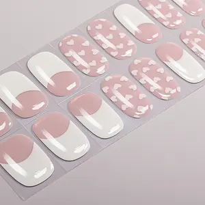 16pcs French Heart Half-Cured Gel Nail Strips, French Tip Nails, Valentine's Day Self-Adhesive Full Set, UV Lamp Required, Easy Apply and Remove, DIY Nail Art