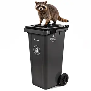 32 Gallon Trash Can with Wheels and Locking Lid Lockable Outdoor Trash Can with Wheels Garbage Can Lockable Lid Commercial Heavy-Duty Waste Bin Rolling, Plastic Gray