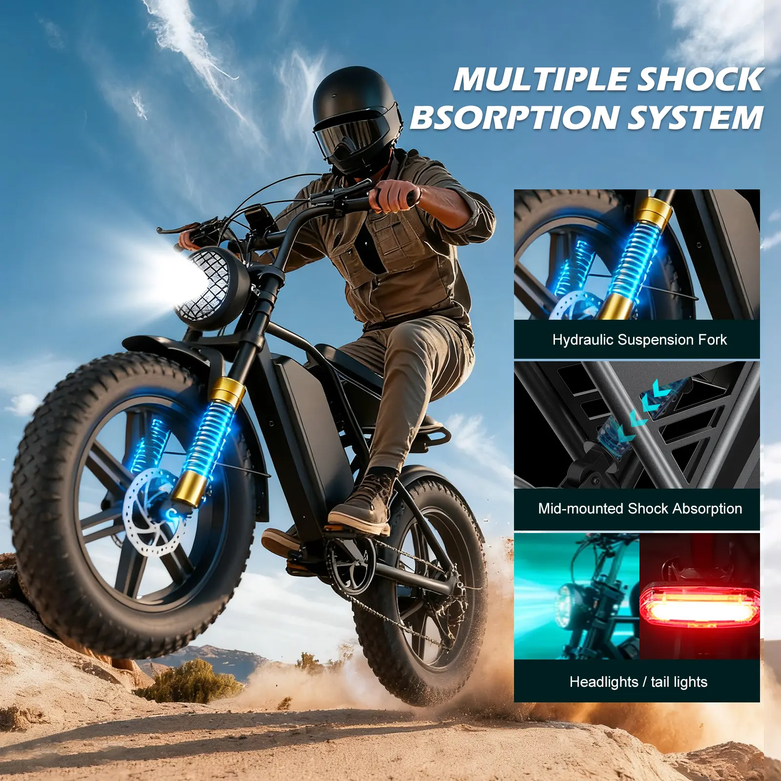Mountain Off-Road Electric Bike — 1000W high-power motor, 24-27 miles range, 48V 20Ah large-capacity battery, 20-inch off-road wide tires, hydraulic disc brakes, APP-controlled variable speed, ideal for suburban adventures and urban commuting.