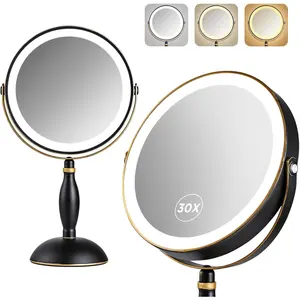 30x Magnifying Mirror with Light, Matte Black with  Trim, Makeup Mirror with 3 Color Lights & Brightness Adjustable, 5000mAh Rechargeable  Mirror, Modern Style Side  + Side Charge