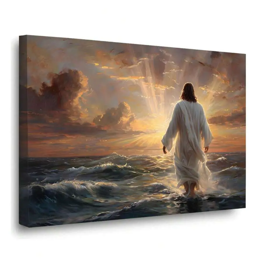 1pc Jesus Walking On Water Canvas Mural Jesus Landscape Large Scene Canvas Mural Jesus Canvas Art Wall Decor Print Aesthetic Picture Modern Living Room Mural