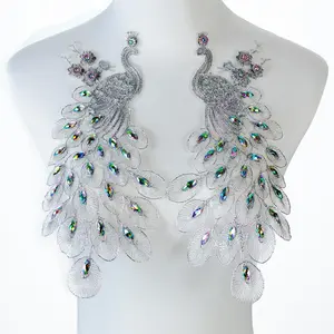 Pair Embroidered Beaded Pearl Peacock Fabric Colorful Rhinestones Applique Handmade Sewing Tool for Wedding Dress Gown Bodice Costume Clothing Craft DIY (Silver)