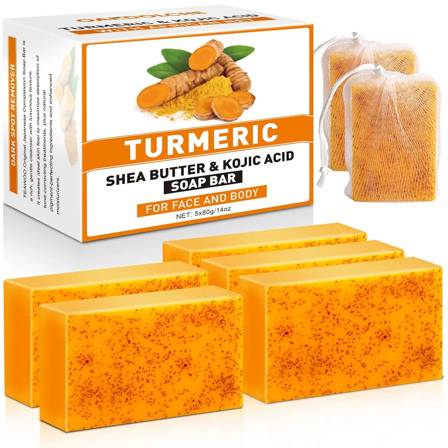 5 Pcs 80g Turmeric Kojic Acid Soap Bars with 2 Foaming Mesh Nets Pack, Infused with Retinol, Collagen, Vitamin E, Shea Butter, SLS-Free, Daily Soothing Moisture-Restoring, Gentle for Face & Body, Fits Oily & Dry Skin