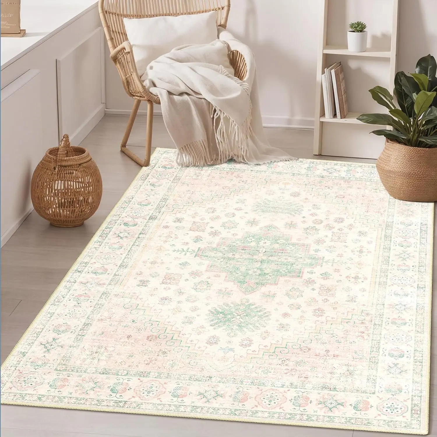 3x5 Rug Washable,Area Rug for Bedroom Entryway Living Room,Small Non Slip Indoor Throw Carpet Low Pile Light Pink and Green, Machine