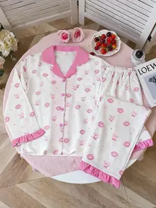 【Valentine's Day】Women's Fall Winter Comfortable Loungewear Homewear Set, Collared Button-Up Top & Elastic Waist Pants, 2-Piece Sleepwear for Valentine's Day