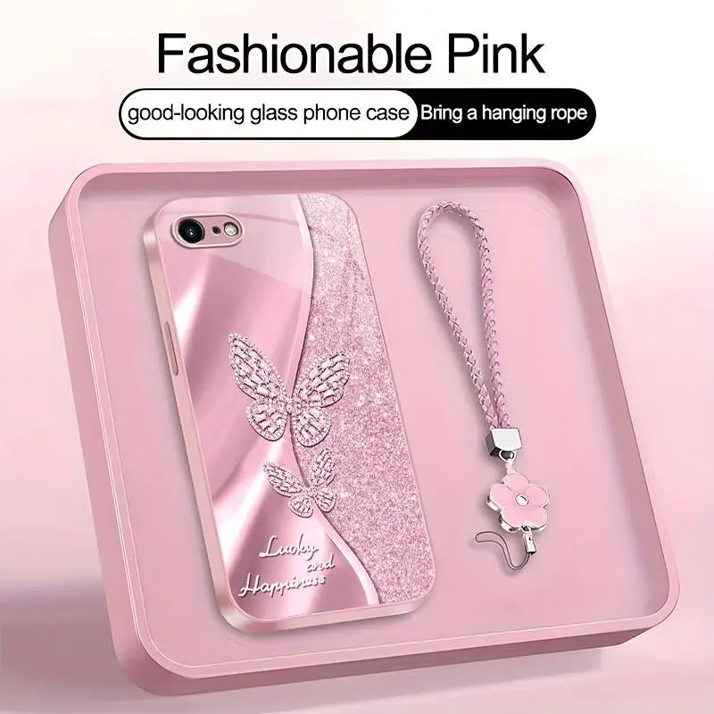 Suitable for [iPhone 8] high-end women's phone case🥰，a beautiful four-leaf clover lanyard is included🍀，A beautiful, sophisticated printed butterfly pattern—not sequins YM99